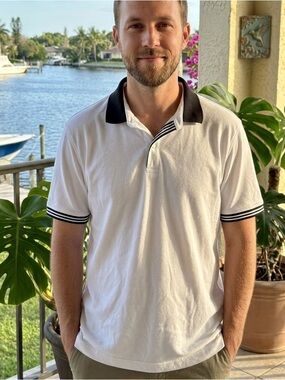 Perry Ellis White Polo with Black Collar and Sleeve Stripes